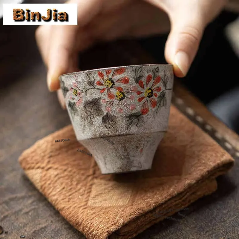 80ml Powder Yin Hand-painted Flowers Teacup Ancient Tea Bowl Jug Tea-tasting Fragrance Cup Chazhan Master Cups Teaware Craft