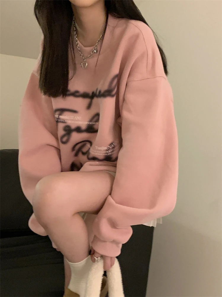 KOSAHIKI Casual Loose Pink Hoodies Women All Match Letter Print O-neck Sweatshirt Y2k Aesthetic Korean Fashion Harajuku Sudadera