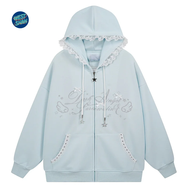 

Westshan Top Quality EU US Size Women Girl Y2K Sweet Lace Hooded Sweatshirt Autumn Winter Street Oversize Baggy Hoodie