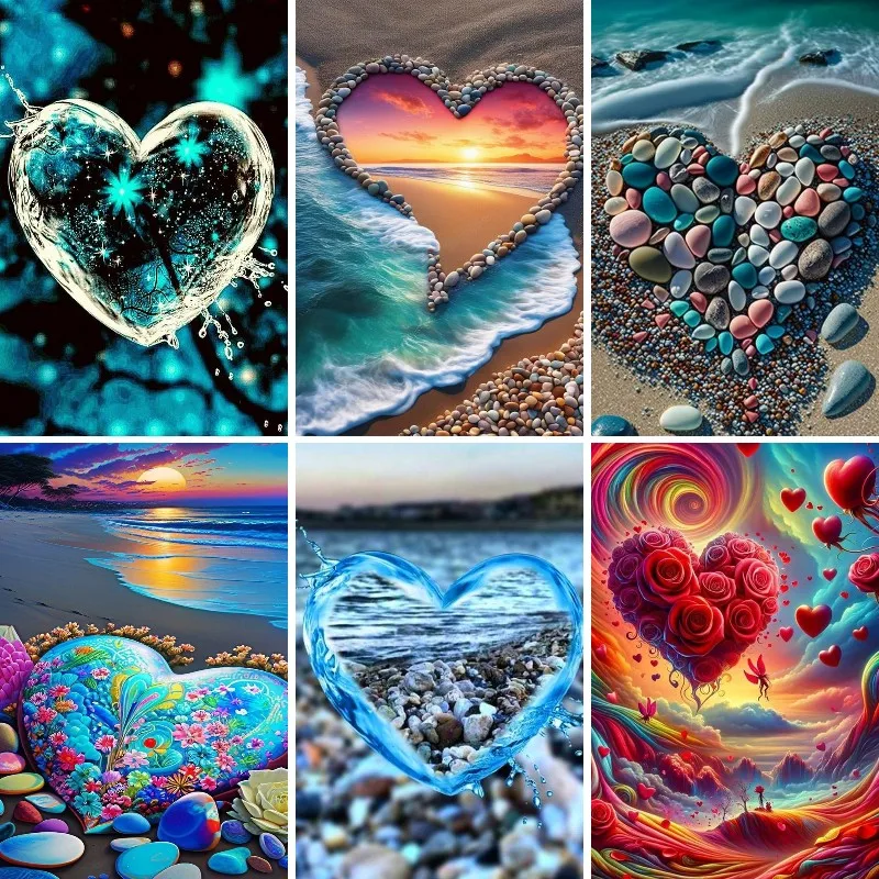 

Diamond Painting for Home Decor, Crystal Heart, Seaside,5D DIY, Love Shape Stones, Full Square, Round Drill, Mosaic , Wall Art