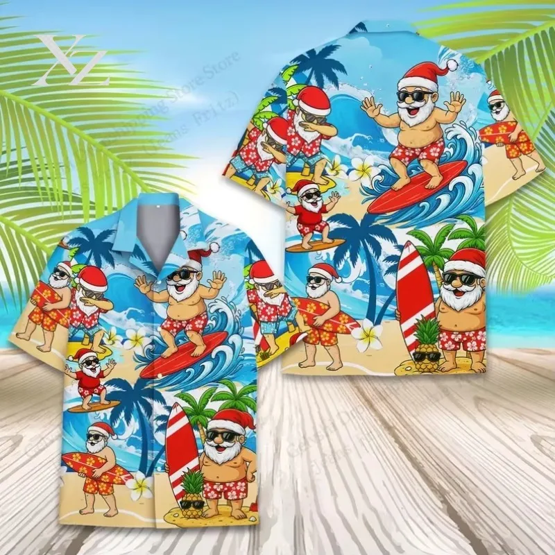 Hot Sale Flamingo Santa Claus 3D Print Hawaiian Christmas Shirt Men Women Fashion Single-breasted Short Sleeve Beach Holiday