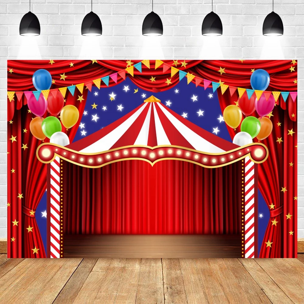 Red Circus Tent Backdrop for Carnival Night Theme Party Baby Shower Kid Birthday Red Curtain Balloon Star Photography Background