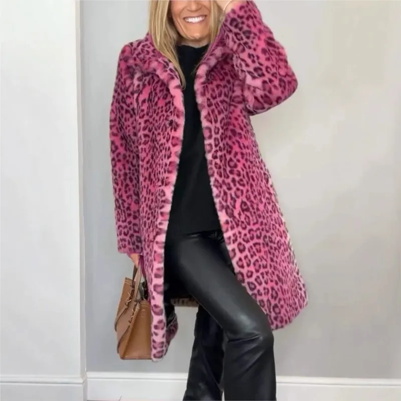 Autumn Winter Women's Jacket Leopard Print Plush Material Mid-Length Long Sleeve Open Cardigan Fashion Abrigos Invierno Mujer
