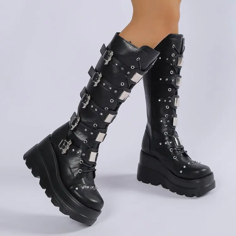 2026 New Punk Style Rivets Decorate Women's Knee Boots Spring Autumn Fashion Waterproof Platform Design Round Head High Boots