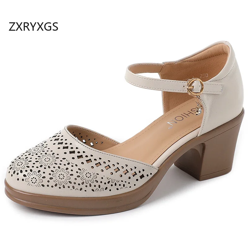 ZXRYXGS Top Layer Cowhide Comfort Round Toe Sandals Thick Mid Heel Sandals 2024 Summer Leather Shoes Women Large Size Sandals