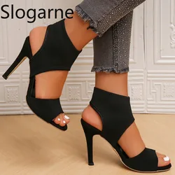 Women New Designer Knitted Super High Heel Sandals Summer 2026 Peep Toe Thin Heels Sandal Woman Sexy Slingback Black Party Shoes