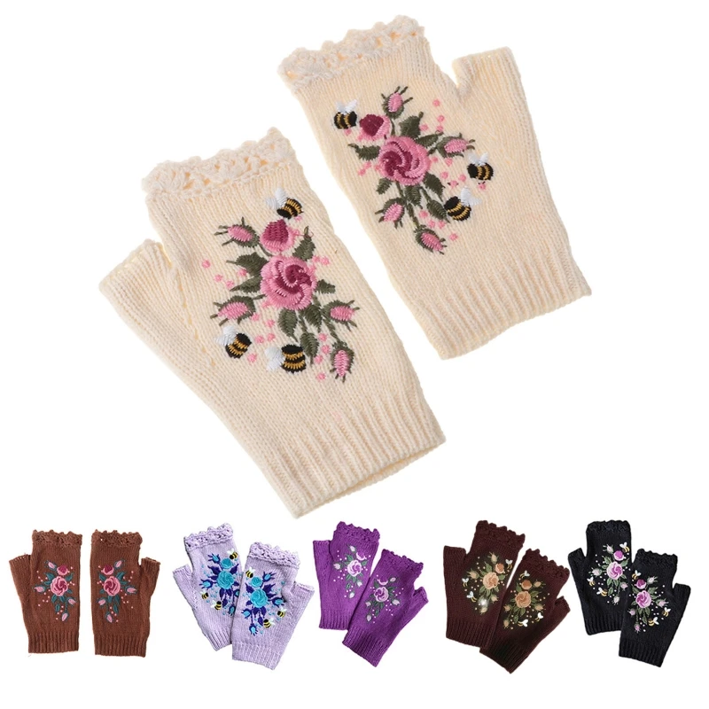 Women Half Finger Gloves Winter Embroidery Knit Fingerless Typing Driving Mitten DropShipping