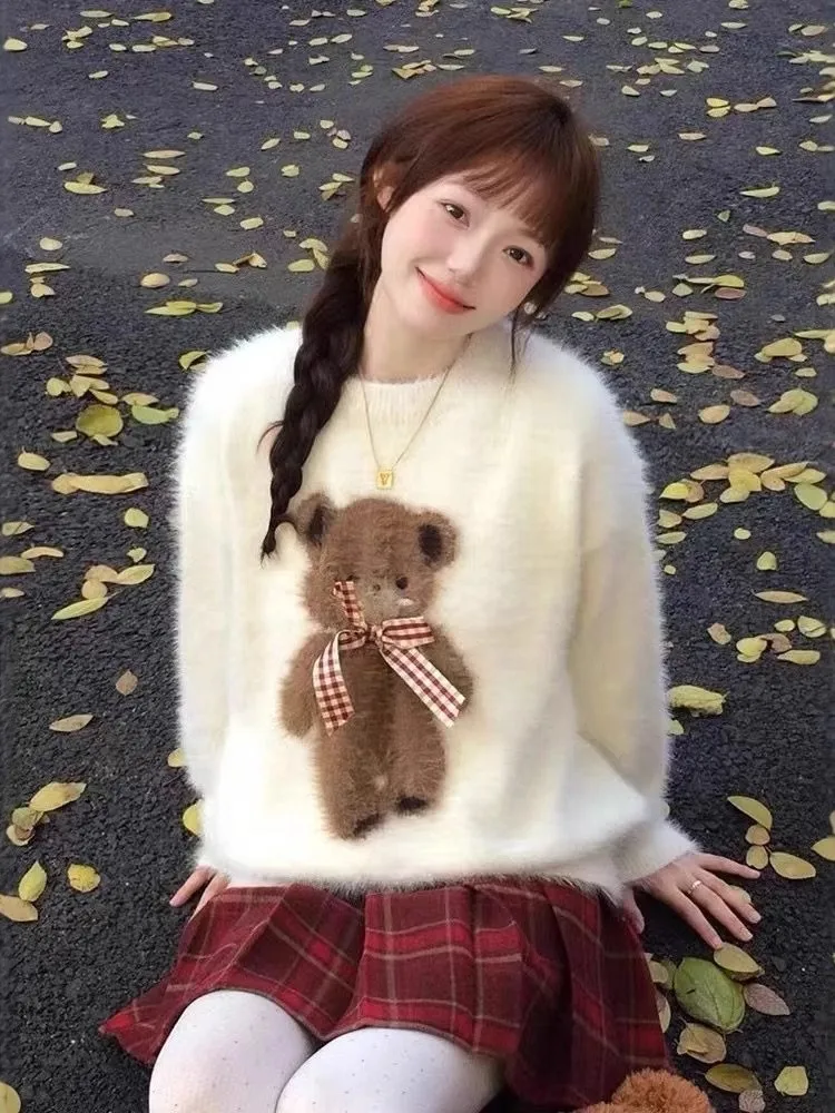 

Long Sleeves Sweater Casual Pulls Femmes Simple Style Woman Clothing Loose Knitted Pullover Solid Color Little Bear Commuting