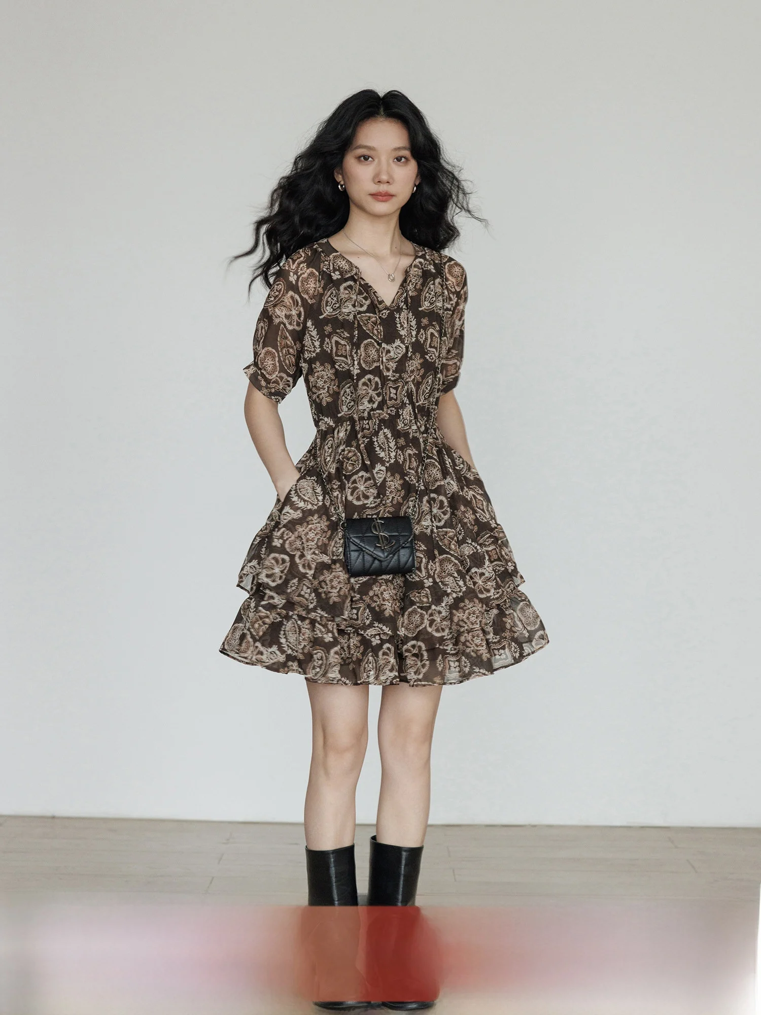 Summer Vintage Print Short Sleeve Shirt Dress Women's Casual V-Neck A-Line  Skirt Loose Fit City Commute Polyester Fabric