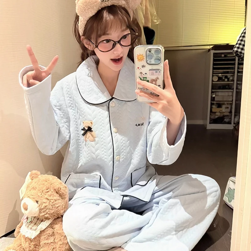 

Pajama Sets Navy Blue Women Cotton Adorable Stripe Print Classic Natural Thin Breathable Moisture Wicking Easy Care Lace Up 2026