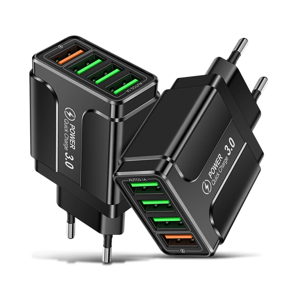 4 Ports USB Charger Fast Charging Mobile Phone Adapter Quick Charger 3.0 Wall Charger for iPhone 16 15 Samsung Xiaomi Huawei