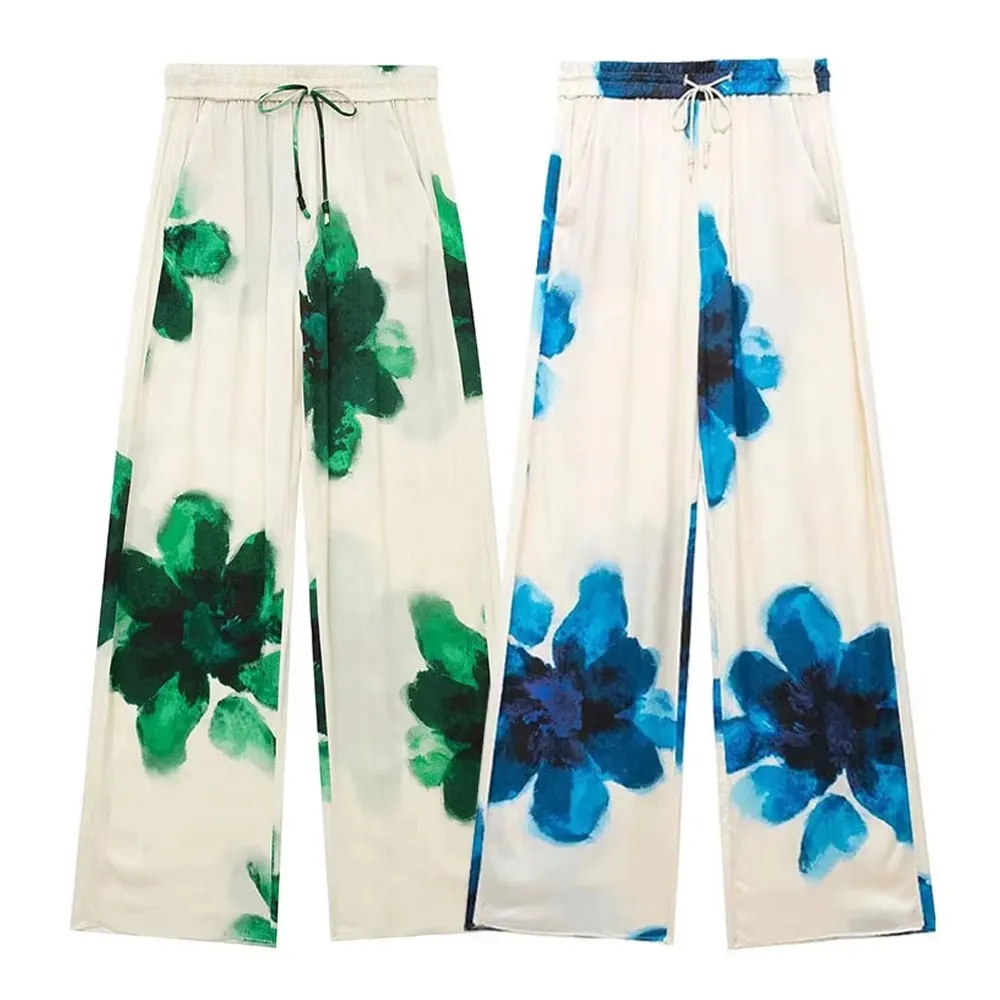 HH femmes mode imprimé fleuri pantalon à jambes larges ample décontracté taille haute cordon pantalon élégant femme haute rue pantalon