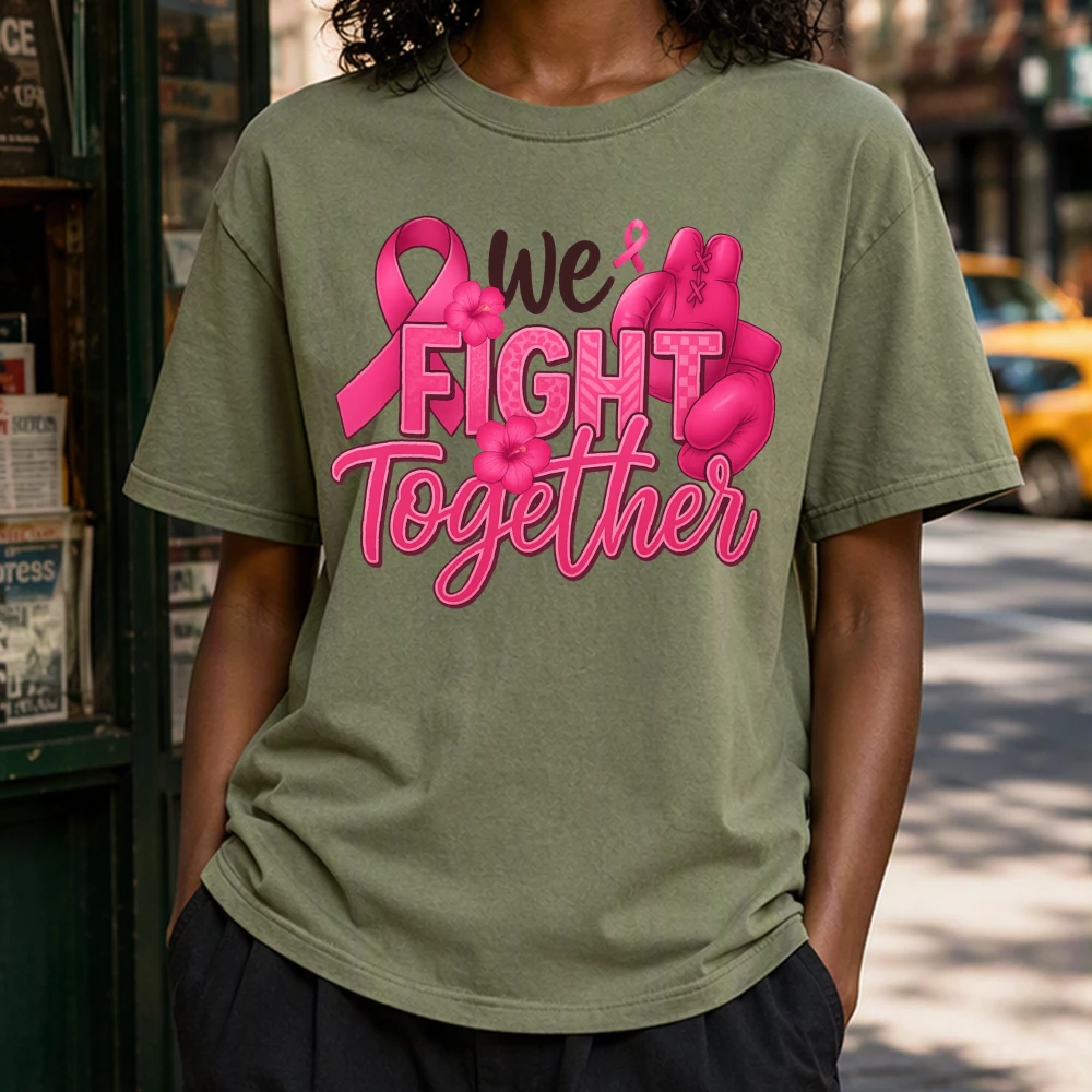 We Fight Together Pink Ribbon Graphic Tee Women Breast Cancer Awareness Short Sleeve Cotton T-Shirt Crew Neck Casual Warrior Top