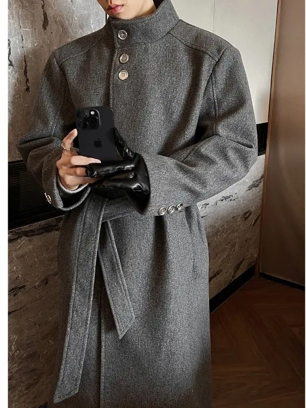 

Briti Sle Mid-Length Bla Woolen Men's Coat Autumn Winter Sli Stand Collar Tailored Feelings Windbreaker Jaet
