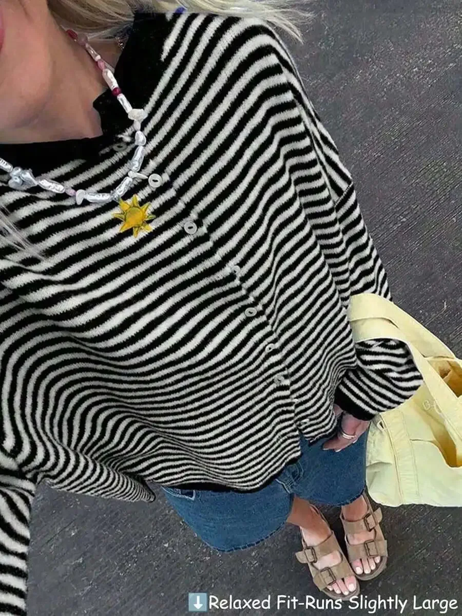 

Loose Striped Knit Cardigan Jacket For Women Casual Streetwear