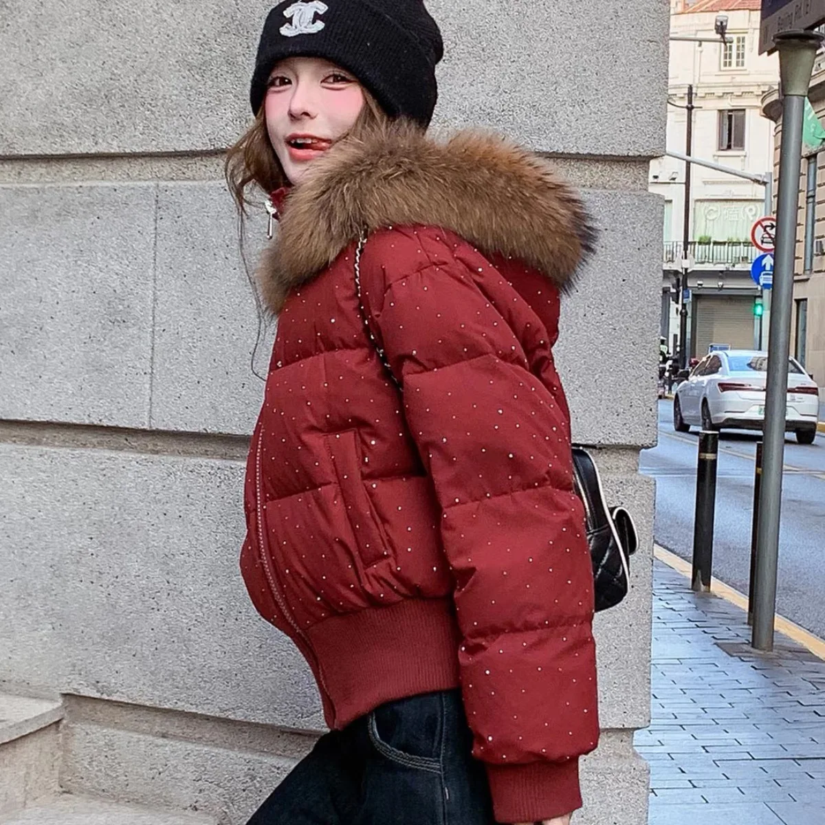 Winter Fashion Casual Style Women's Warm Coat Star Rhinestone Dark Sexy Girl Unique Model Polyester Fiber Composite Fabric ...