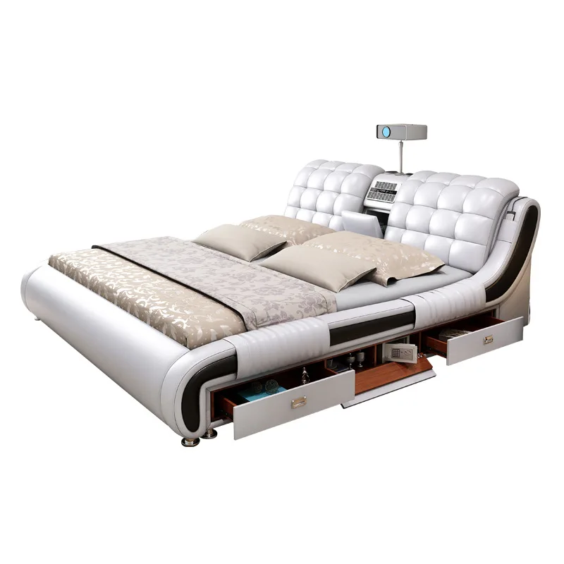 2024 Latest Smart Leather Double Bed Modern Multifunctional Light Luxury with Adjustable & Massage Feature Wooden Frame