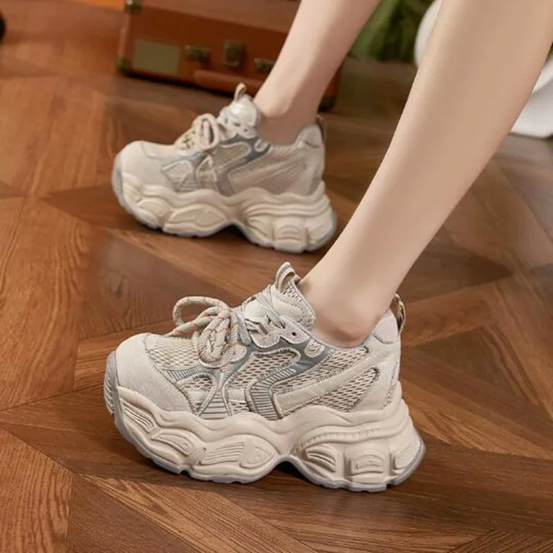 

9.5cm Women's Shoes New 2026 Spring Summer Comfy Breathable Chunky Sneakers Outdoor Tider High Platform Ladies Shoes Size 34-39