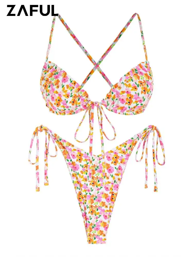 ZAFUL Ditsy traje de baño Floral conjunto de Bikini traje de baño estampado con volantes lazo lateral entrecruzado pierna alta bohemio acolchado