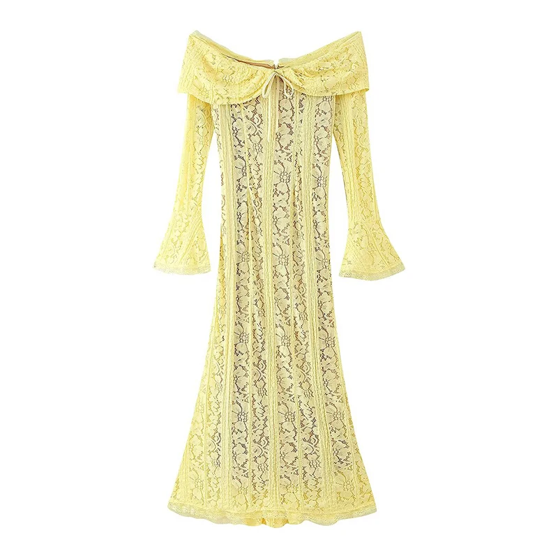 

YENKYE Sexy Off Shoulder Yellow Lace Bodycon Dress 2025 New Flare Sleeve Elegant Long Dresses Wedding Guest Robe For Women
