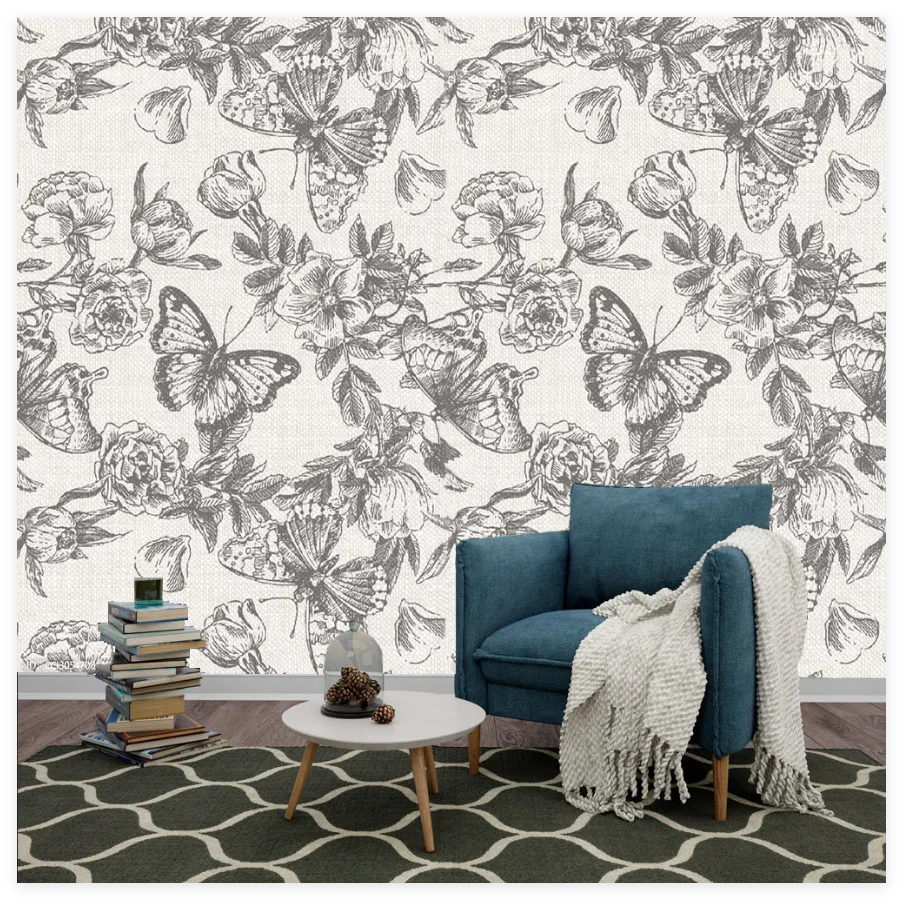 Customized wallpaper black and white Southeast Asian plant animal mural home decoration banana tree animal decoration painting