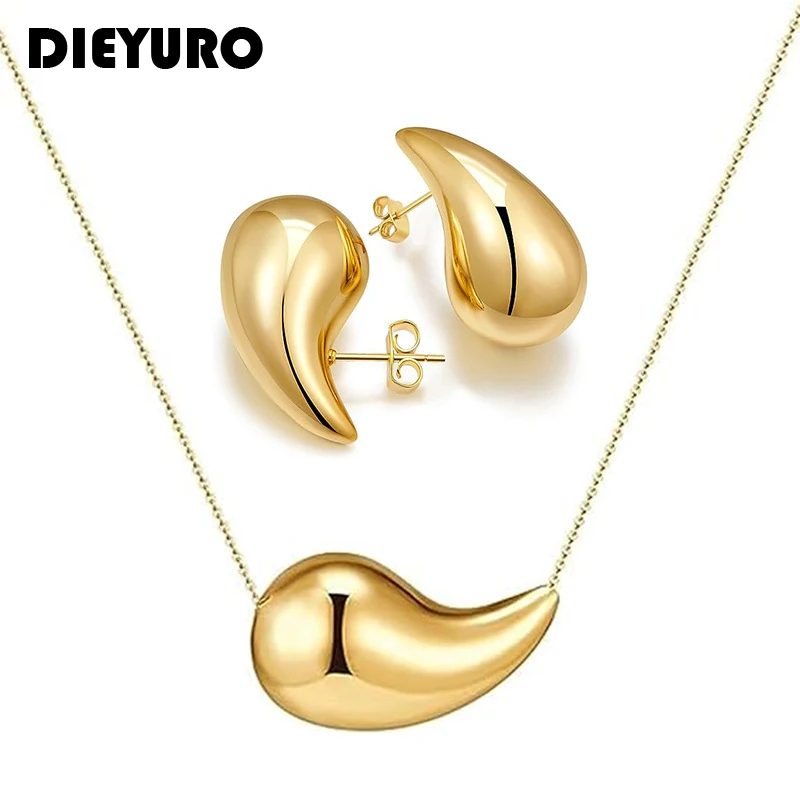 DIEYURO 316L Stainless Steel Glossy Teardrop Necklace Earrings For Women New Vintage Gold Plated Waterproof Jewelry Set Gift