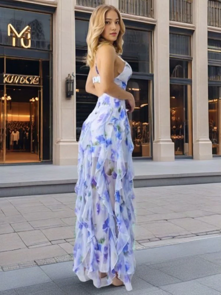 Elegant Printed Sleeveless V Neck Sling Maxi Dress Chic Irregular Ruffle Layered Slit Hem Slim Vestdios 2025 Women Beach Robes