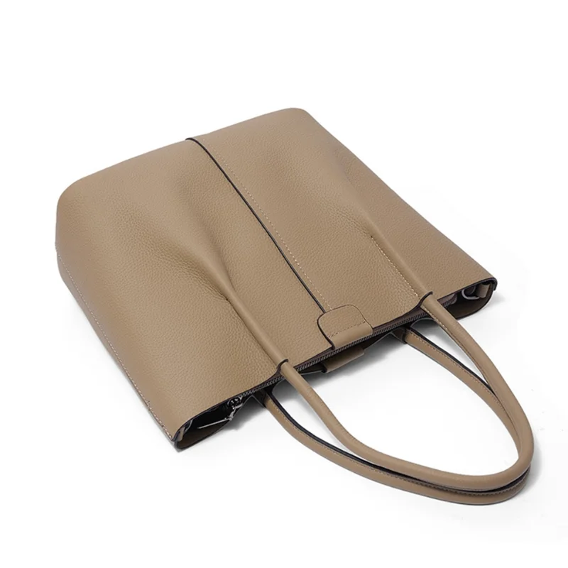 

Textured Genuine Leather Handbag- Structured Tote with Twin Top Handles & Secure Zipper Closure, Minimalist Peanut Grain Tote ﻿