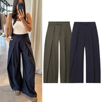 Pantalones largos para mujer, novedad de Otoño de 2025, pantalones de pierna ancha holgados plisados verdes militares, moda informal, elegante y versátil