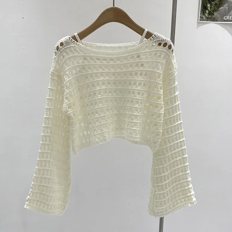 HELIAR Women Y2K Hollow T-shirts Long Sleeve Hole See Through Sexy Shirt Loose Casual Smock Top Streetwear Tee Spring Summer