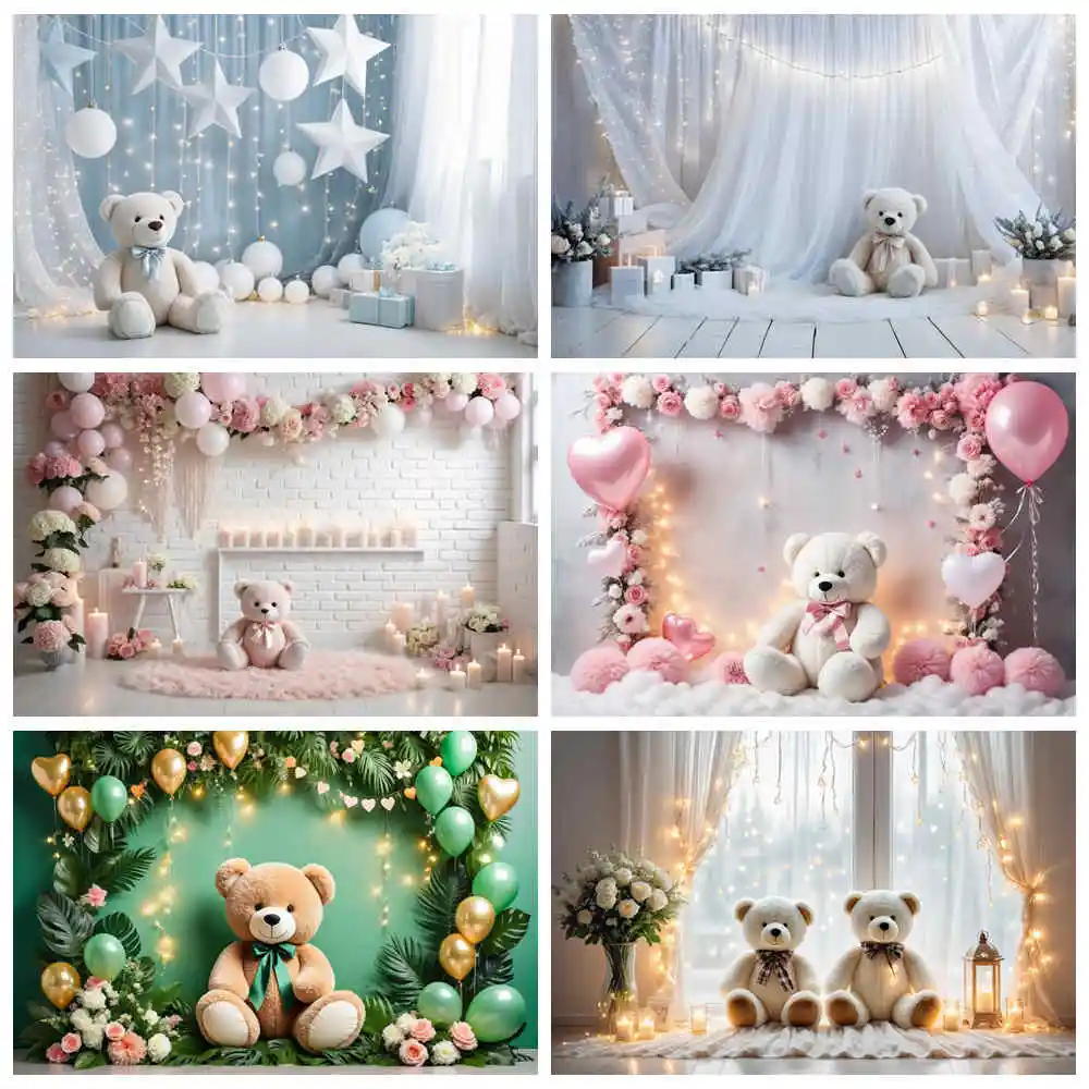 

MOON.QG Flower Indoor One Birthday Background Boys Balloon Teddy Bear Candle Backdrops Custom Party Decoration Photocall Props