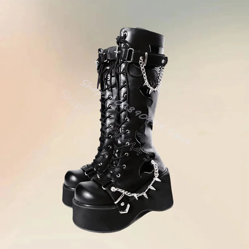 Botas de plataforma con diseño de tótem blanco Para mujer, Zapatos altos con cadena de Metal, cremallera lateral, fiesta, banquete, 2024