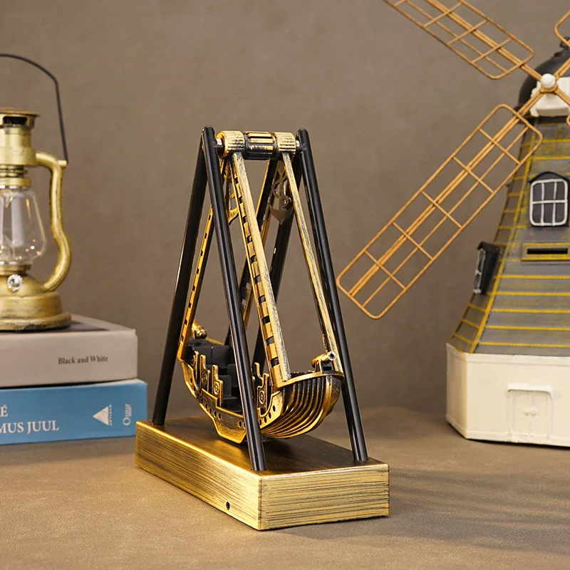 Pirate Ship Perpetual Motion Desk Toy Swinging Kinetic Sculpture Auto Rocking Ornament for Office Home Stress Relief Decor