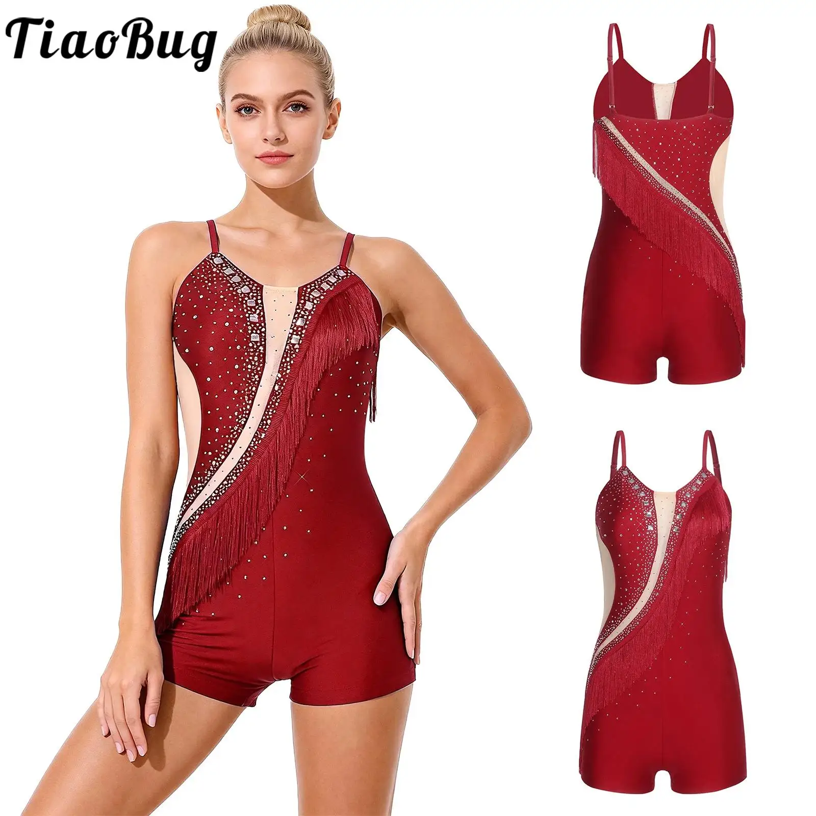 

Women Fringed Latin Jumpsuit Figure Skating Jazz Modern Dancewear Rhinestones Tassel Boy-shorts Legs Bodysuits for Tango Cha-cha