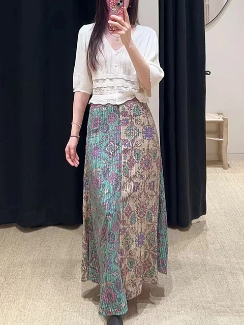 Bohemian Print Half-length Skirt Women's A-line Midi Skirt Color Block Vintage Summer 2026 Mid-waist Cotton Blend Skirt