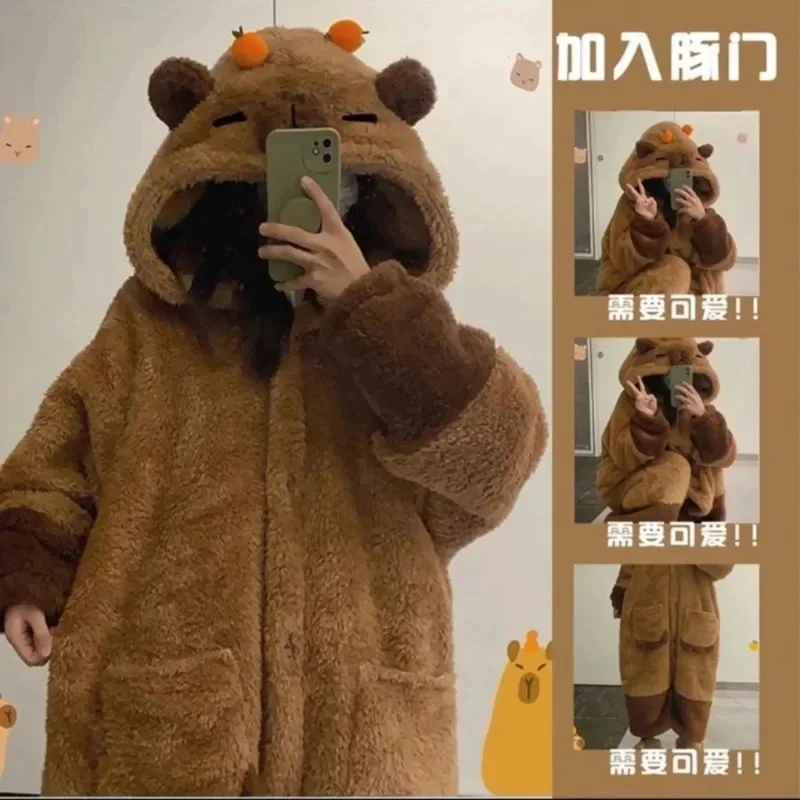 Cute Capibara Pajamas Pants Set Warm Winter Nightgown Coral Fleece Sleepwear Anime Adult Capybara Cosplay Halloween Costumes New