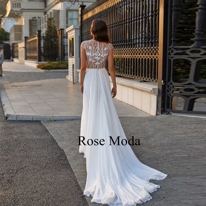 Rose Moda Short Cap Sleeves 3D Flower Beaded Chiffon Beach Wedding Dress with Slit Destination Bridal Gown