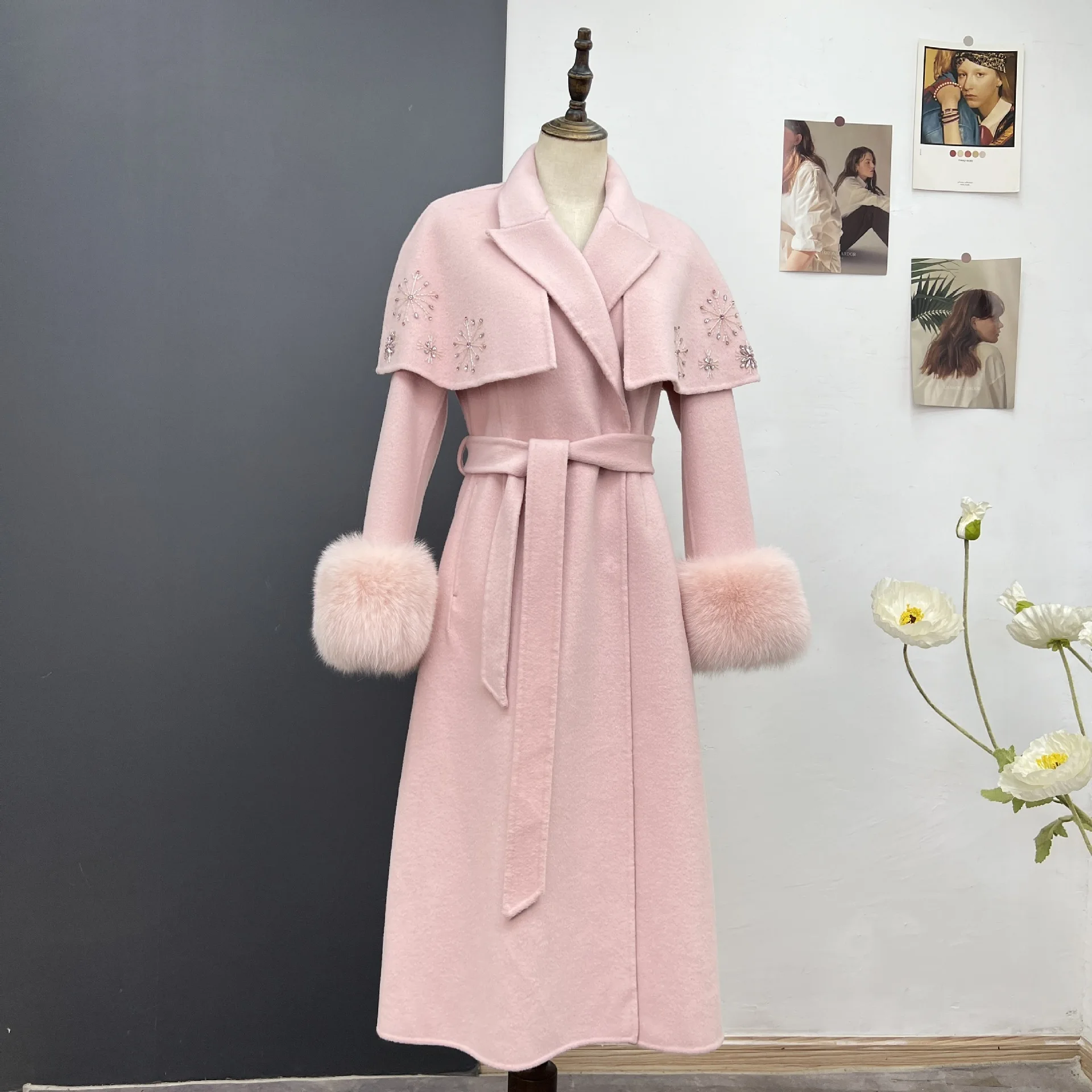 Autumn Winter Clothing New Wool Woolen Coat Women's Long Double sided Coat Cloak Nail Bead True Hair