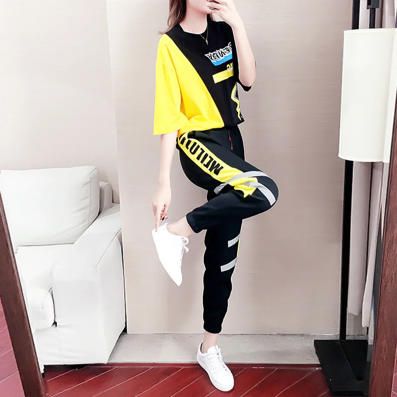 Women\'s Sports Suit Two Piece Set Spring Summer New Loose Skinny Fashion Casual Wear Short Sleeve O-collar Top And Pants Outfits