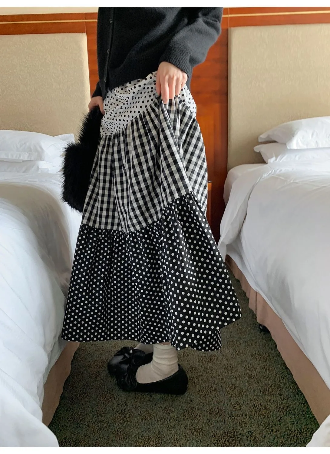 Women Patchwork Maxi Skirt Polka Dot Plaid Tiered Long Skirt Casual Loose High Waist A Line Flowy Beach Vacation Skirts