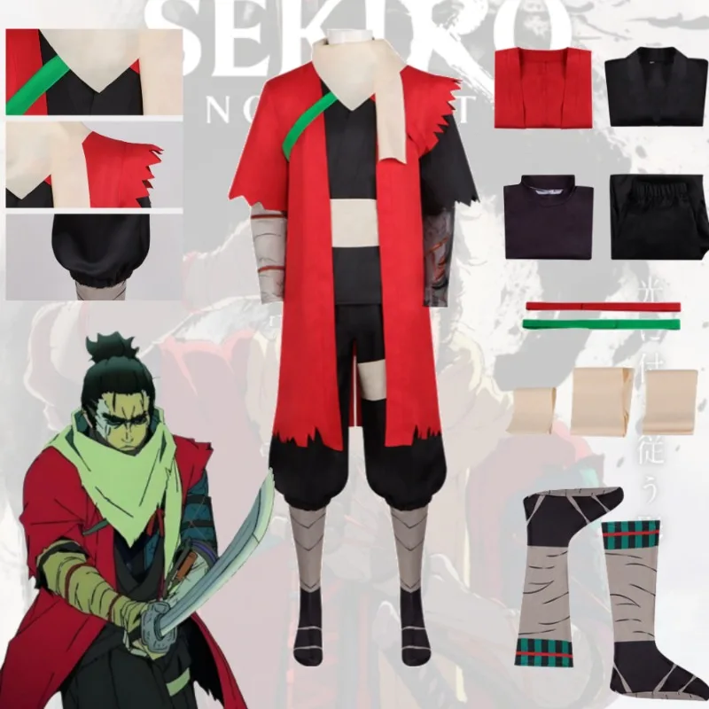 

Sekiro Wolf Cosplay Costume One Armed Shinobi Japanese Ninja Outfit Full Set with Prosthetic Arm Halloween Stage Performance