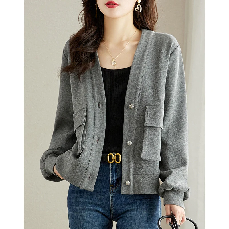 Fashion V-Neck Button Pockets Solid Color Casual Jackets Women\'s Clothing 2024 Autumn New Loose All-match Tops Commuter Coats