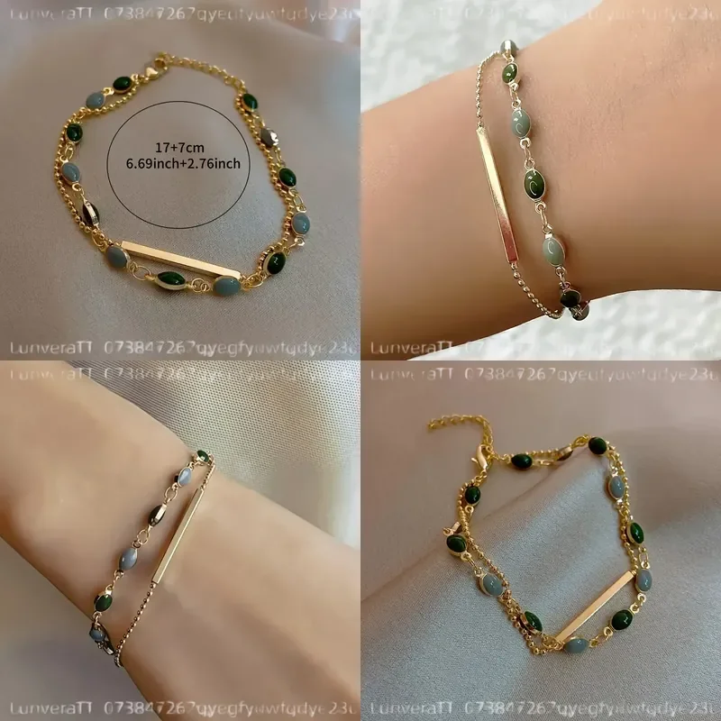 Green Gray Vintage Elegant Double Layer Stone Inlaid Geometric Rectangular Bracelet with Copper Bead Chain for Women Daily