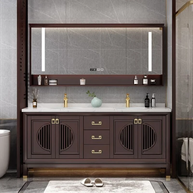 

New Chinese bathroom cabinet combination bathroom oak double basin washstand solid wood modern double washbasin