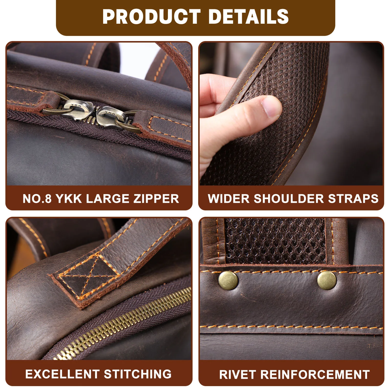 S.WORKER Vintage Echtleder-Rucksack 16“ Laptop-Tasche Crazy-Horse-Leder Schultasche Outdoor-Reise-Weekender-Schultertasche – Detail 12