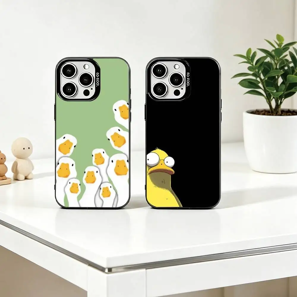 C-Cute cartoon duck Phone Case For iPhone 17,16,15,14,13,12,11 Plus,Pro Max,XS,Colored Silver Plated Inside Cover