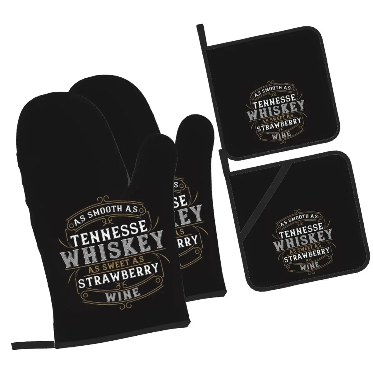 As Smooth As Tennessee Manoplas para horno de whisky y soporte para ollas, juegos de 4 para hornear, cocina, asar, guantes antideslizantes resistentes
