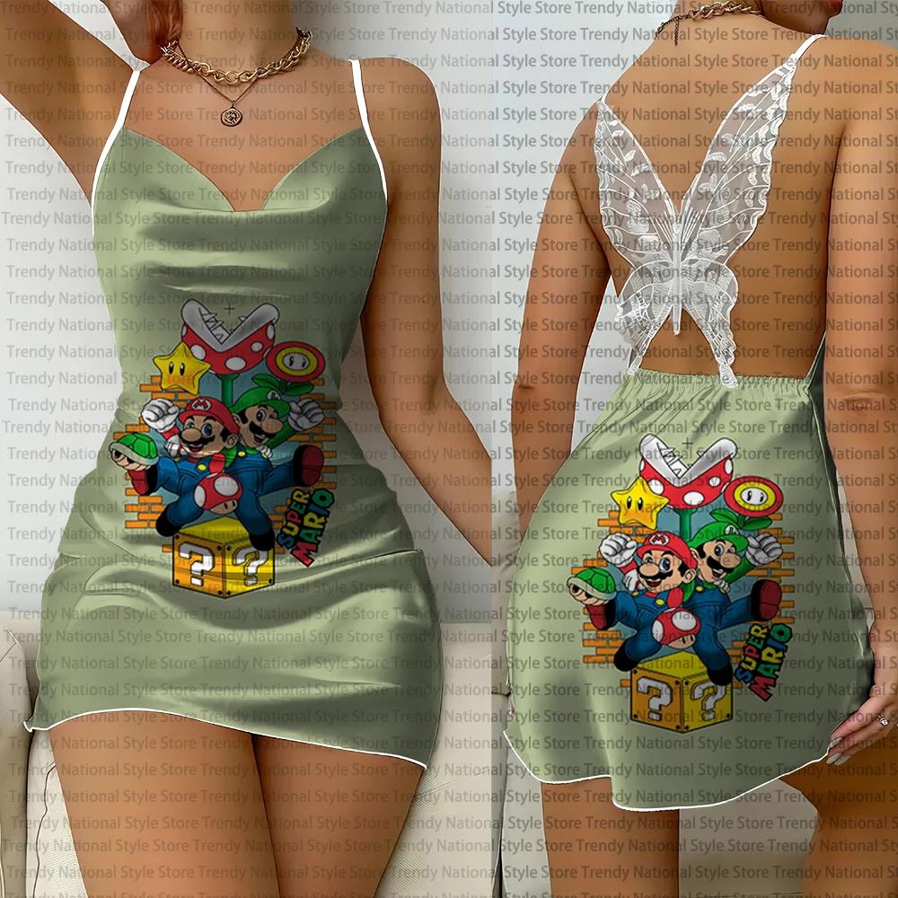 New Style Cartoon Anime Super Mario Print Women's Suspender Dress Casual Fashion Simple Home Clothing Lace Backless Dress