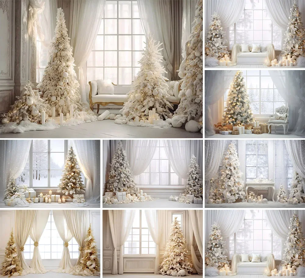 

Mehofond Photography Background Winter Christmas Indoor White Window Xmas Trees Kids Family Portrait Decor Backdrop Photo Studio