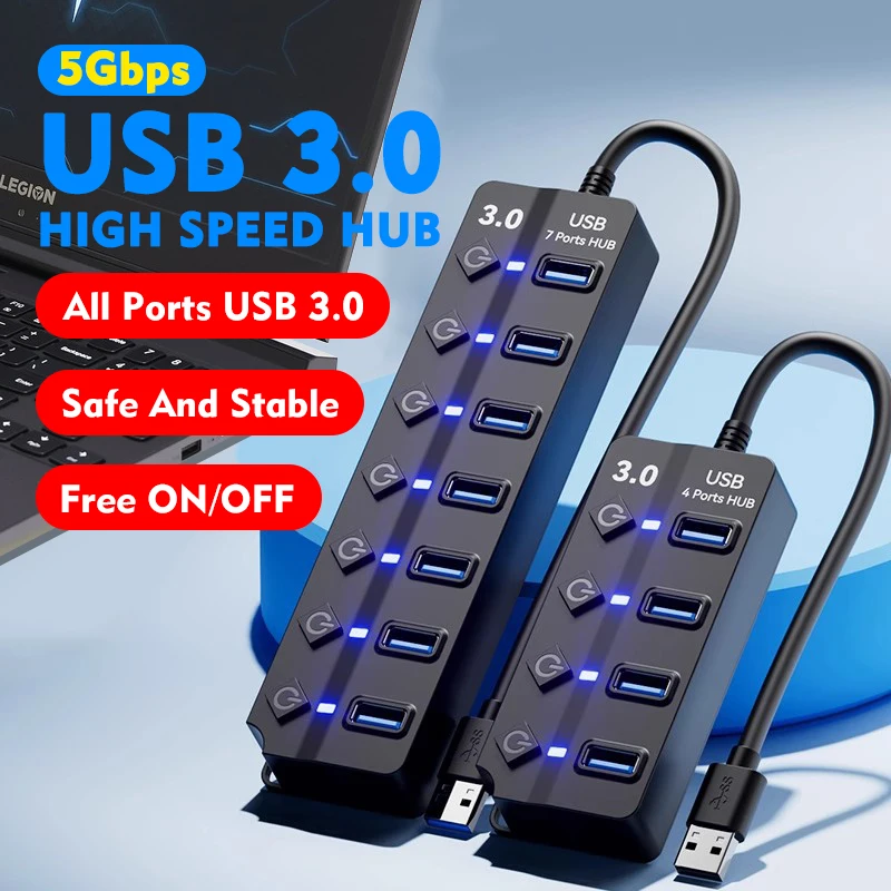 JUMPEAK 4 ports 7 ports USB Hub USB3.0 extenseur Station d'accueil séparateur avec adaptateur secteur avec interrupteur pour ordinateur portable multi-appareils